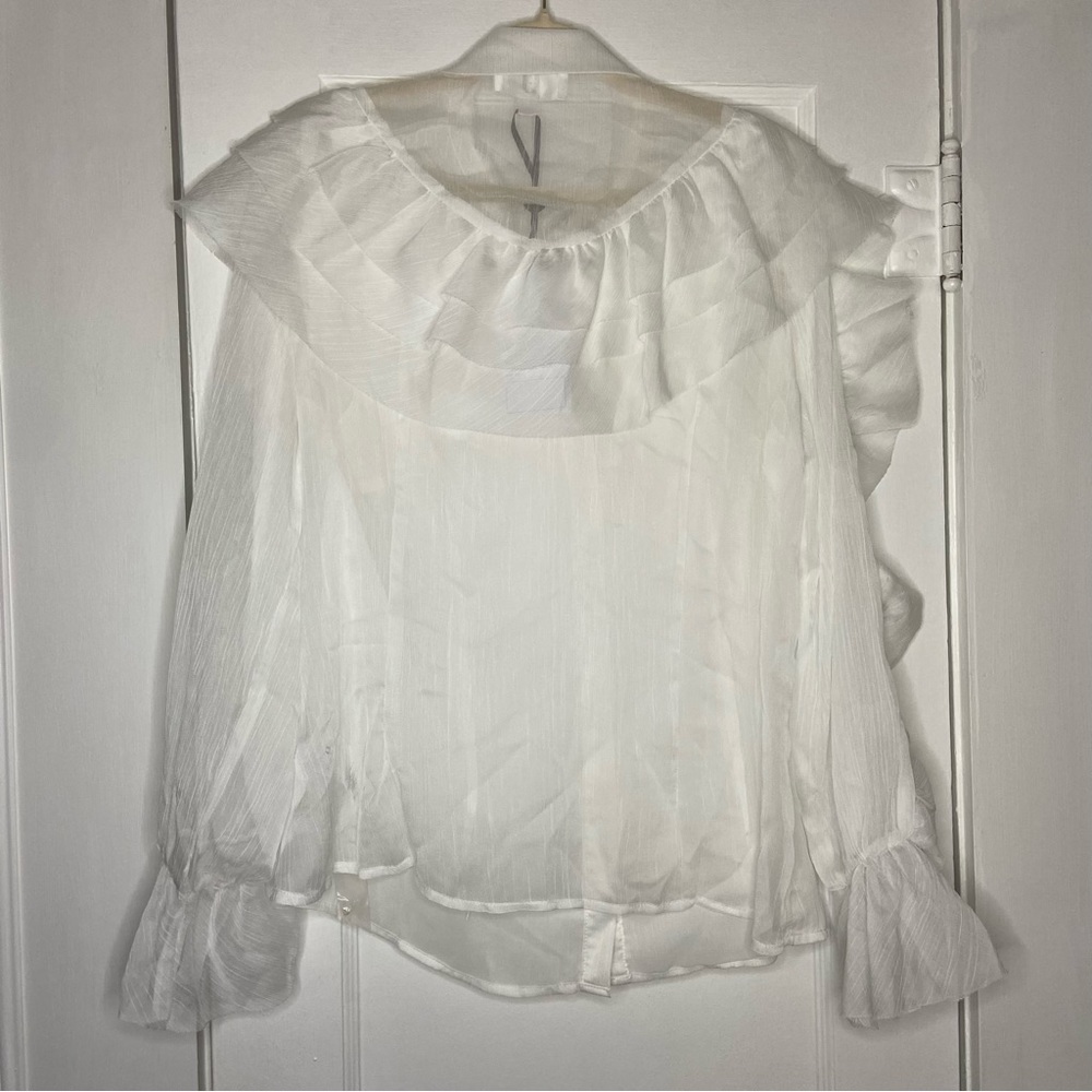 Forever Unique Organza Ruffle Trim Button Down Tie Blouse In White Size 14 - Picture 10 of 15